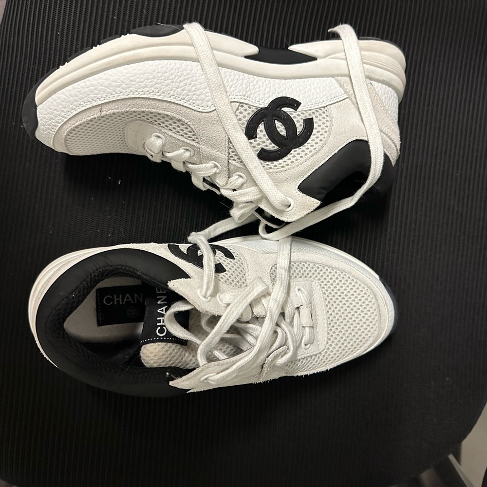 Chanel White & Black Lace-Up Leather Sneakers